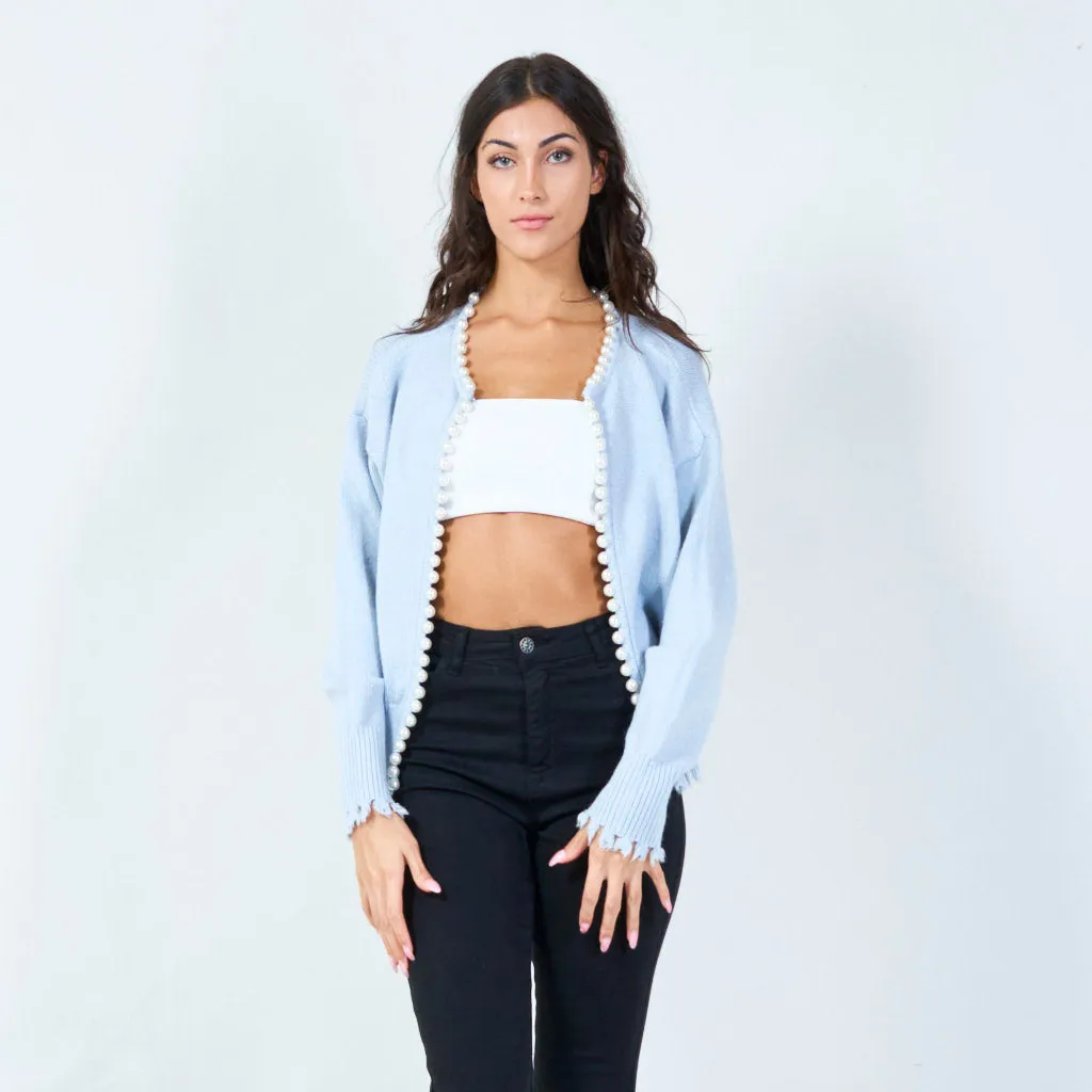 Pearl-trimmed cardigan with distressed edges wholesale