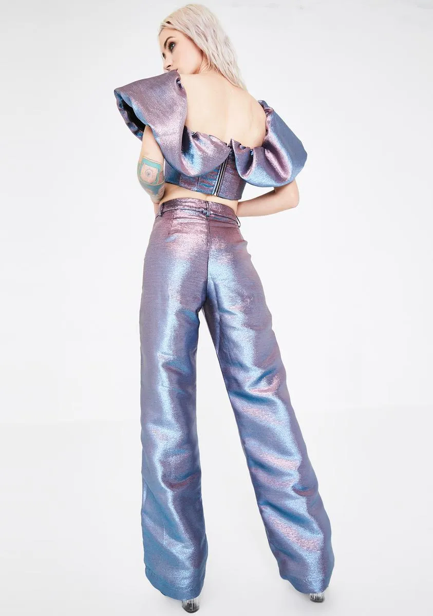 Pink Blue Metallic Wide Leg Trousers