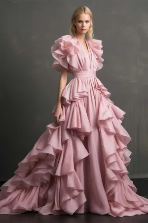 Pink Formal Gown with Ruffle Sleeves