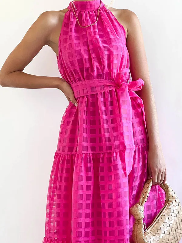 Plaid Ribbed Loose Sleeveless Stand Collar Maxi Dresses