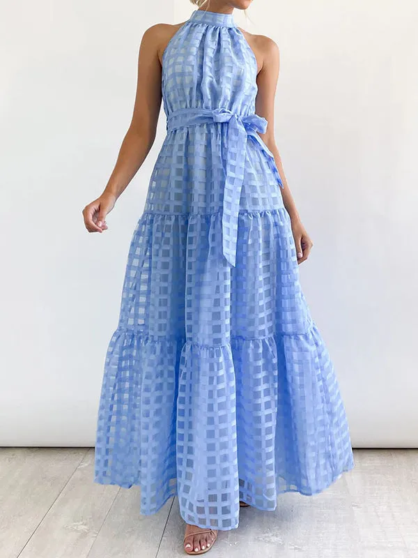 Plaid Ribbed Loose Sleeveless Stand Collar Maxi Dresses