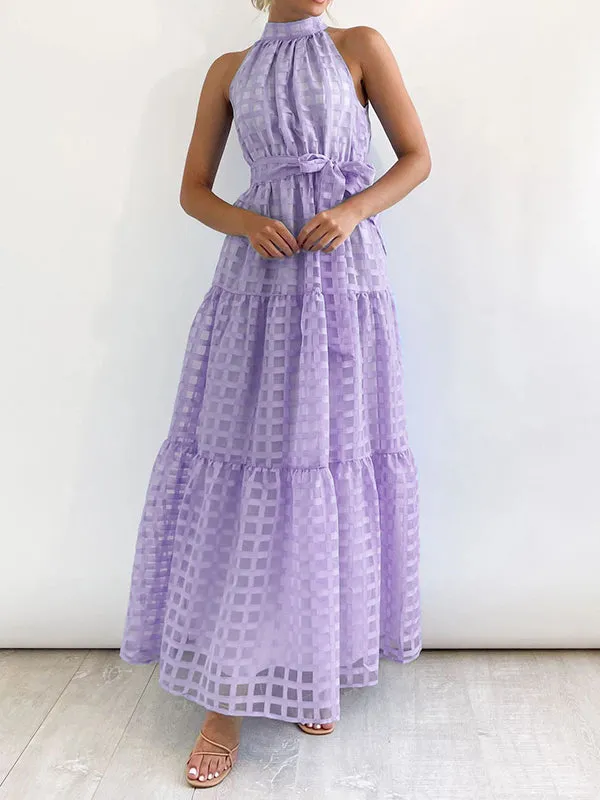 Plaid Ribbed Loose Sleeveless Stand Collar Maxi Dresses