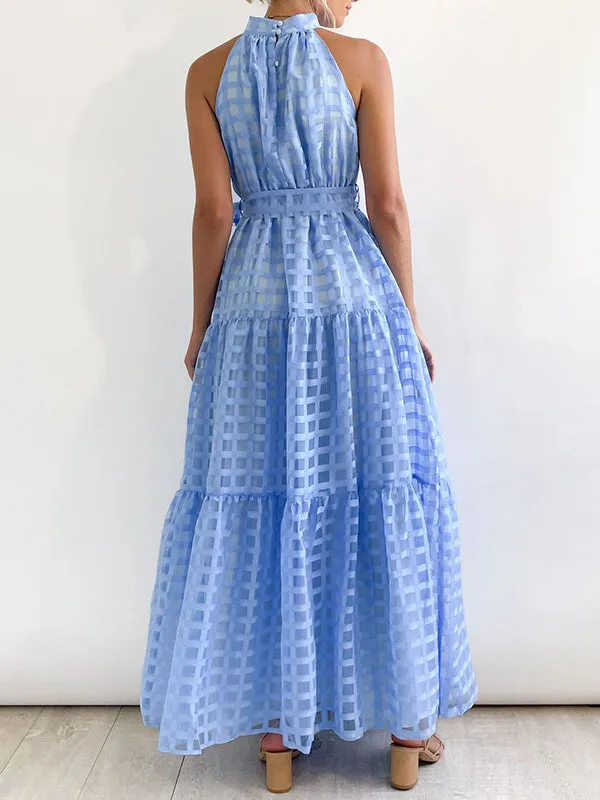 Plaid Ribbed Loose Sleeveless Stand Collar Maxi Dresses