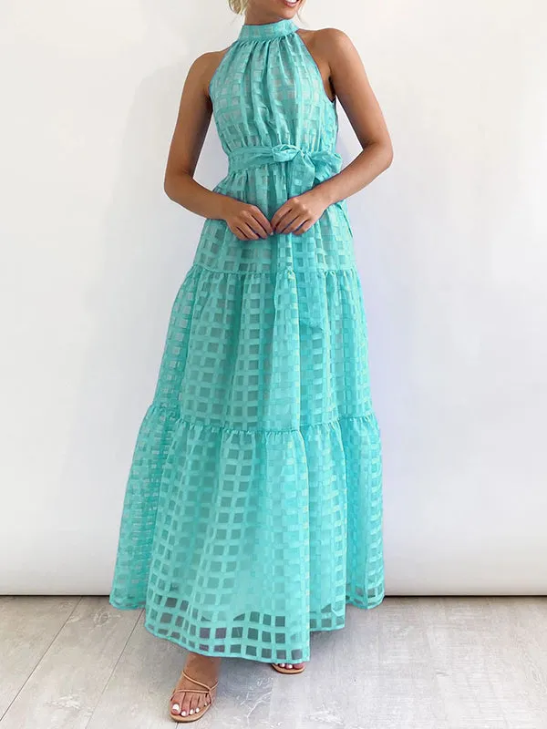 Plaid Ribbed Loose Sleeveless Stand Collar Maxi Dresses