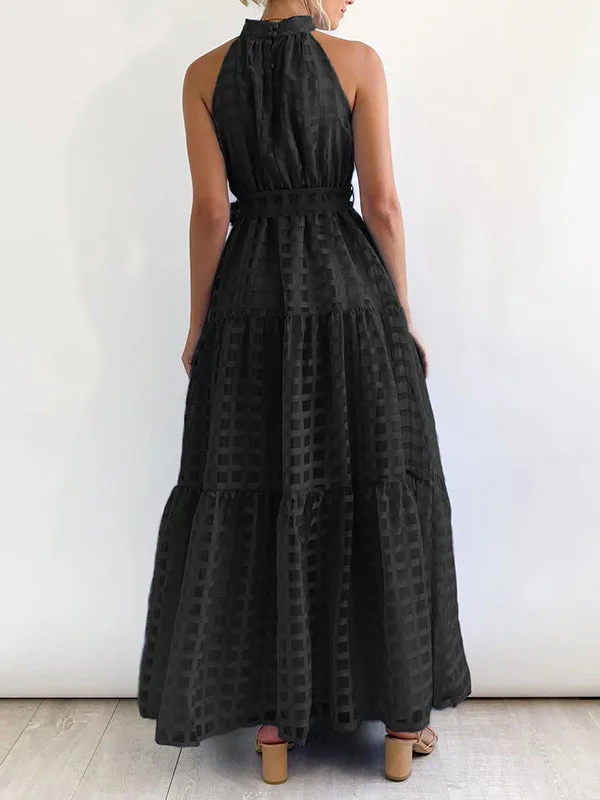 Plaid Ribbed Loose Sleeveless Stand Collar Maxi Dresses
