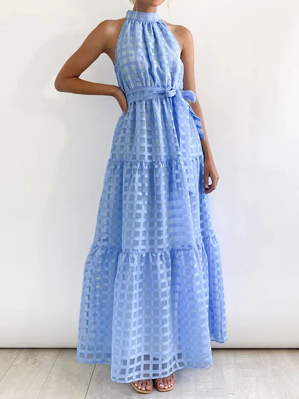 Plaid Ribbed Loose Sleeveless Stand Collar Maxi Dresses