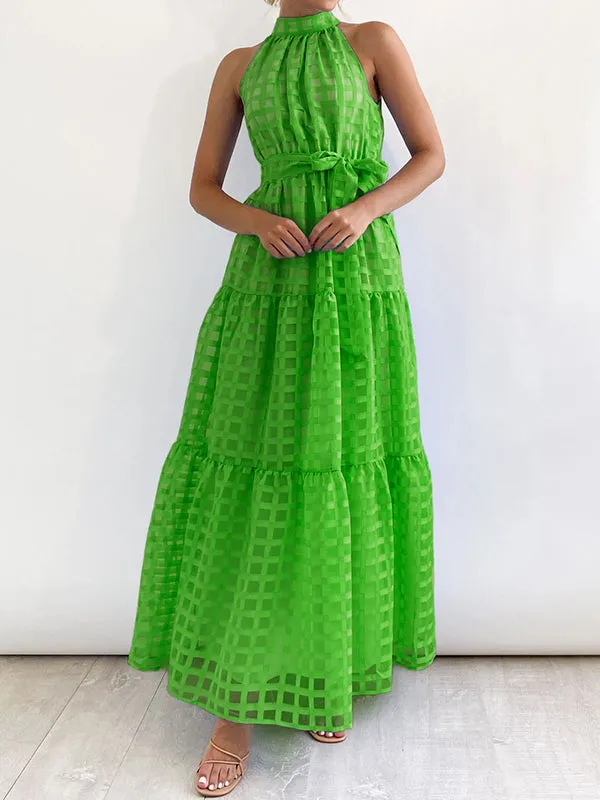 Plaid Ribbed Loose Sleeveless Stand Collar Maxi Dresses
