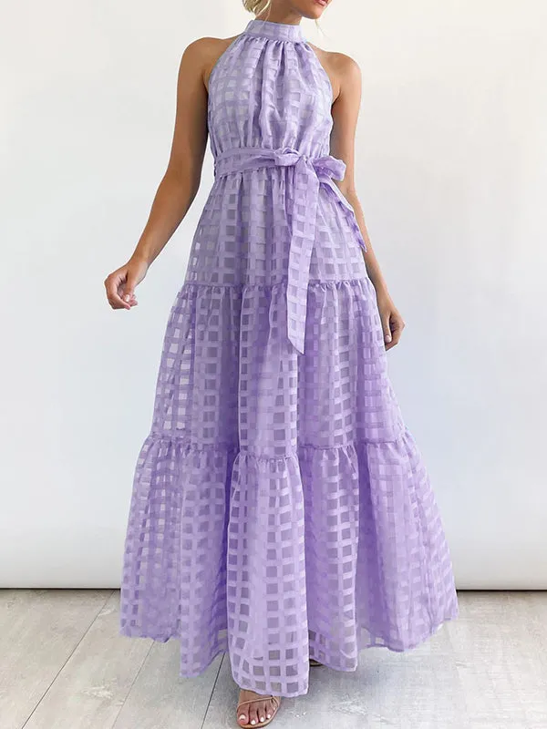 Plaid Ribbed Loose Sleeveless Stand Collar Maxi Dresses