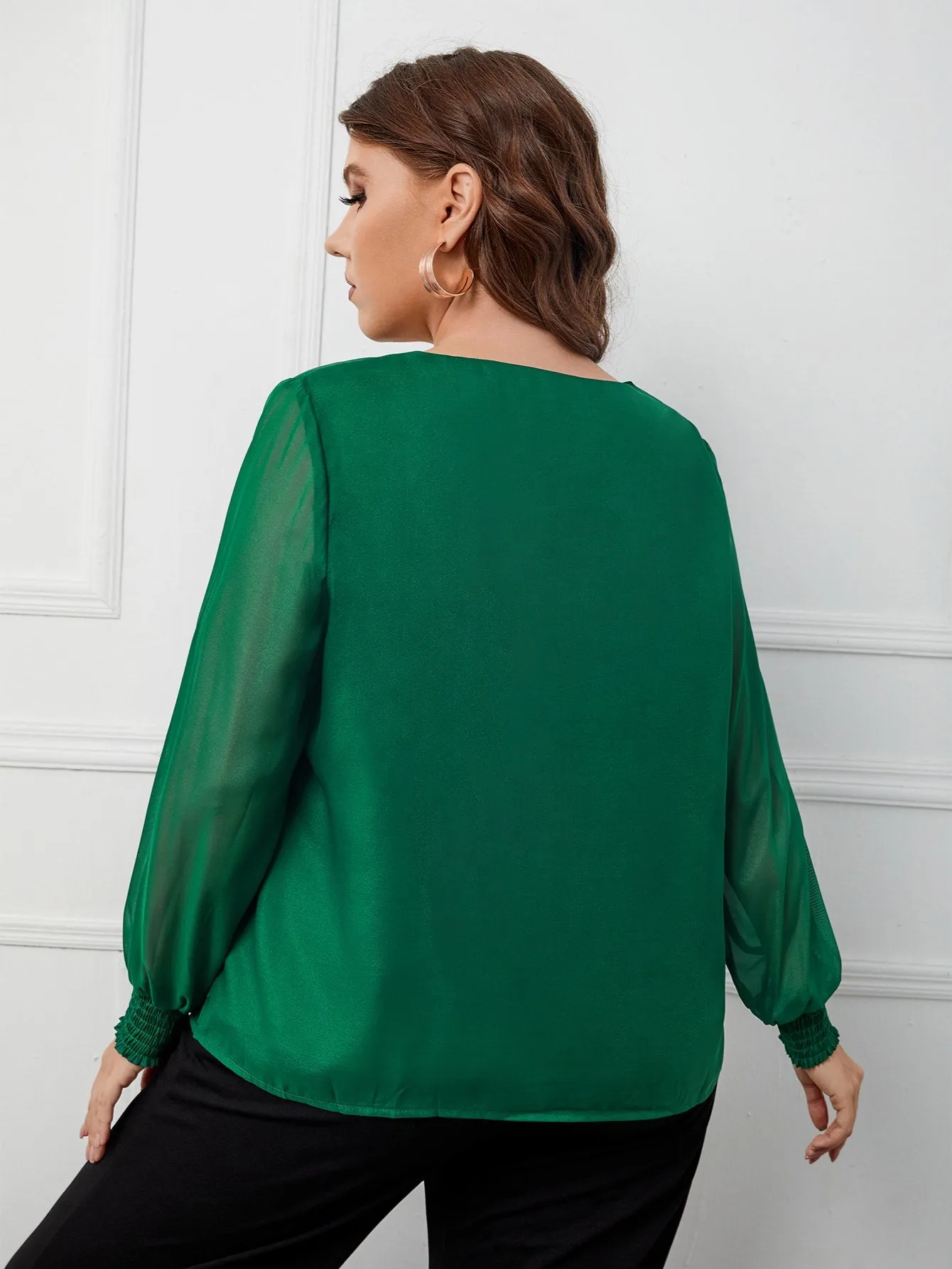 Plain Shirred Long Sleeve V Neck Regular Plus Size Blouse