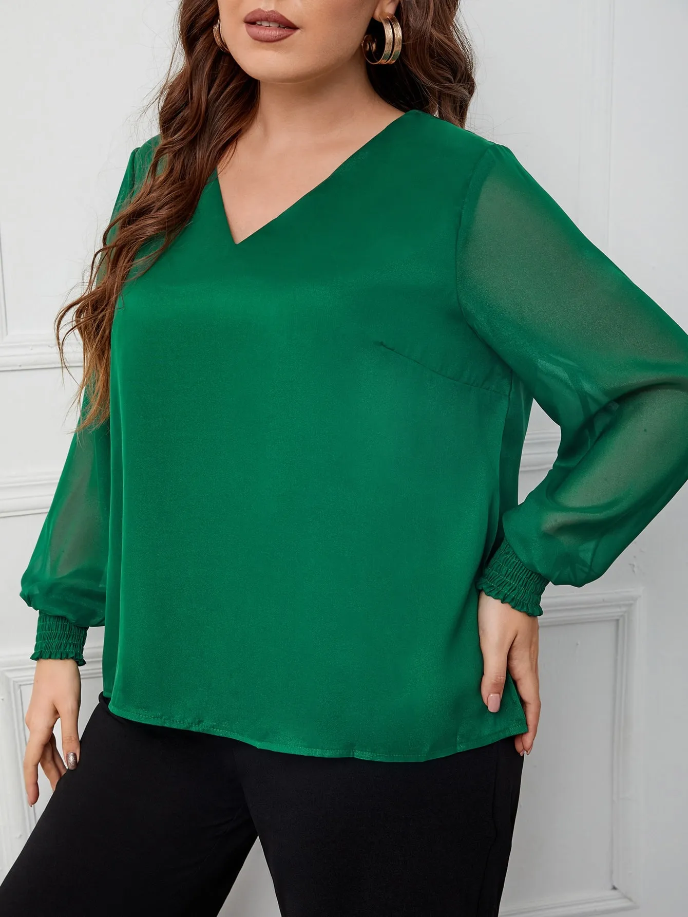 Plain Shirred Long Sleeve V Neck Regular Plus Size Blouse
