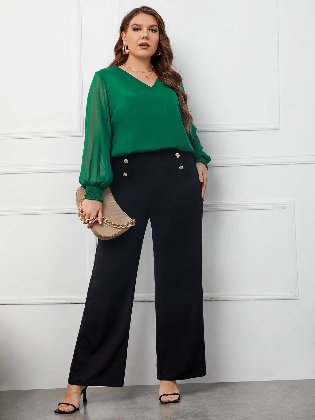 Plain Shirred Long Sleeve V Neck Regular Plus Size Blouse