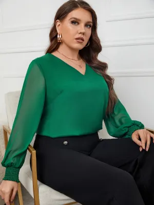 Plain Shirred Long Sleeve V Neck Regular Plus Size Blouse