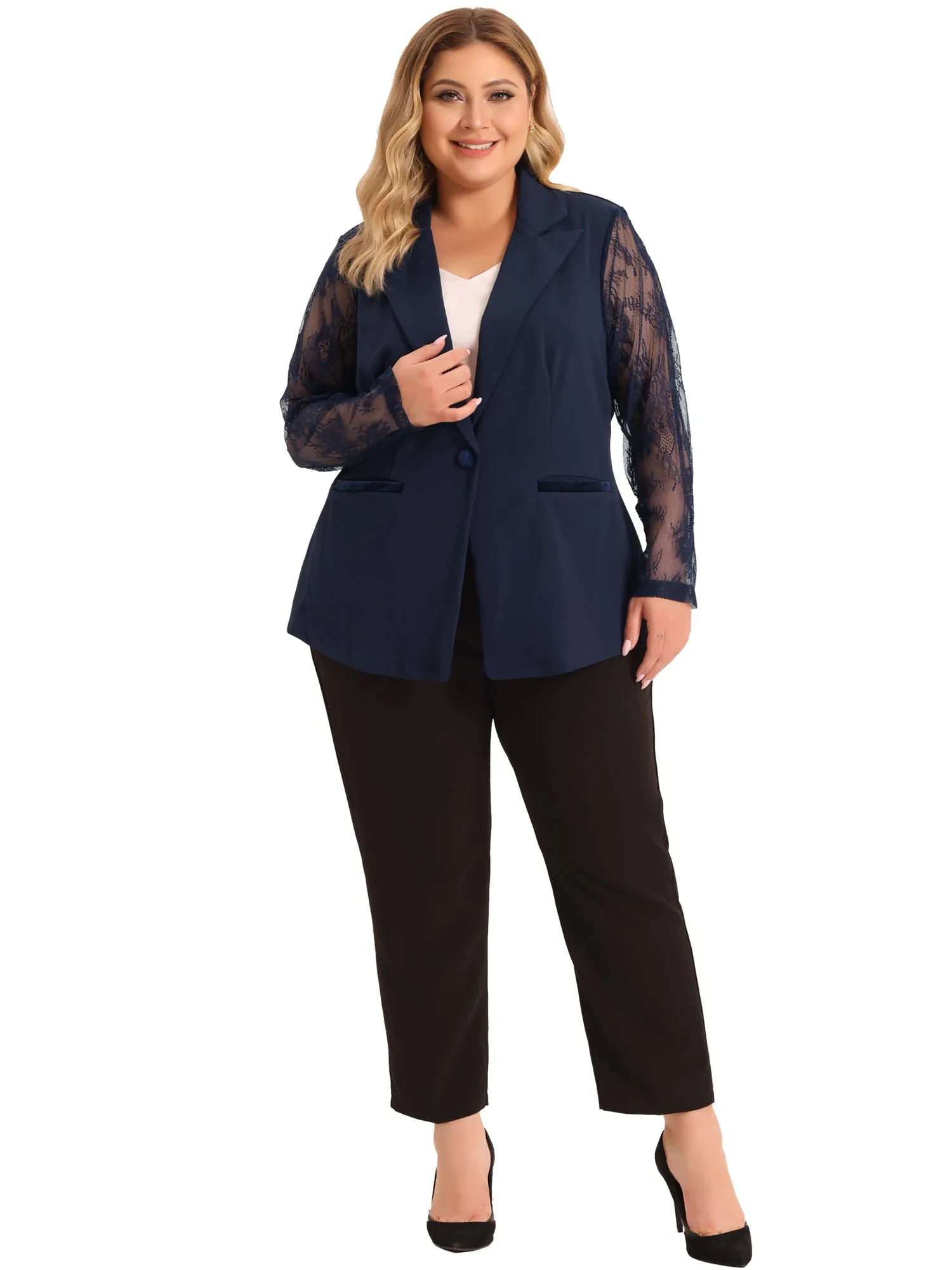 Plus Size Work Notch Lapel Lace Front Blazer Jackets