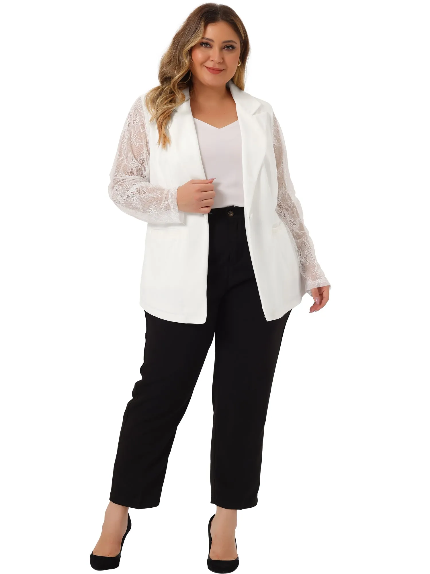 Plus Size Work Notch Lapel Lace Front Blazer Jackets