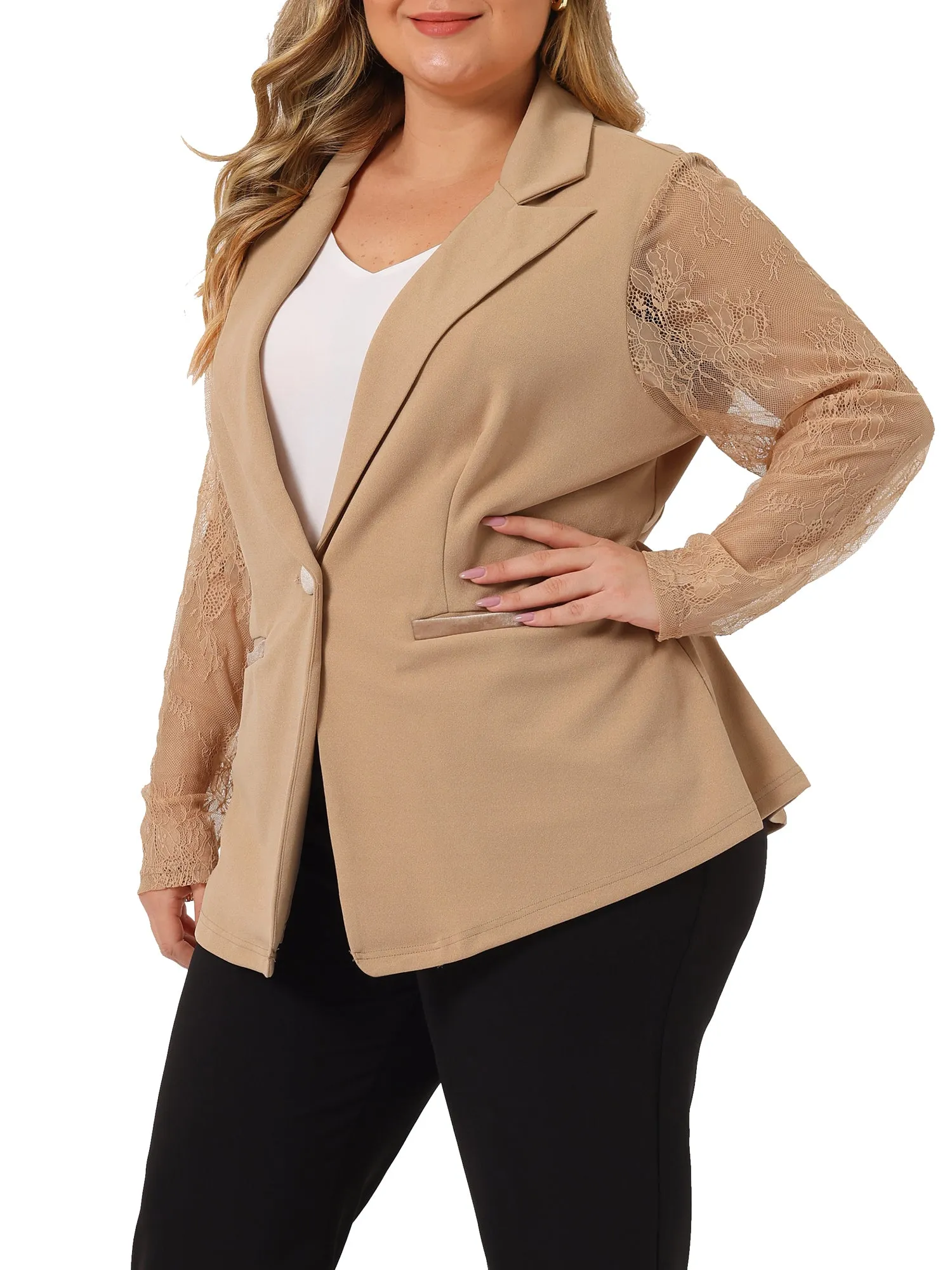 Plus Size Work Notch Lapel Lace Front Blazer Jackets