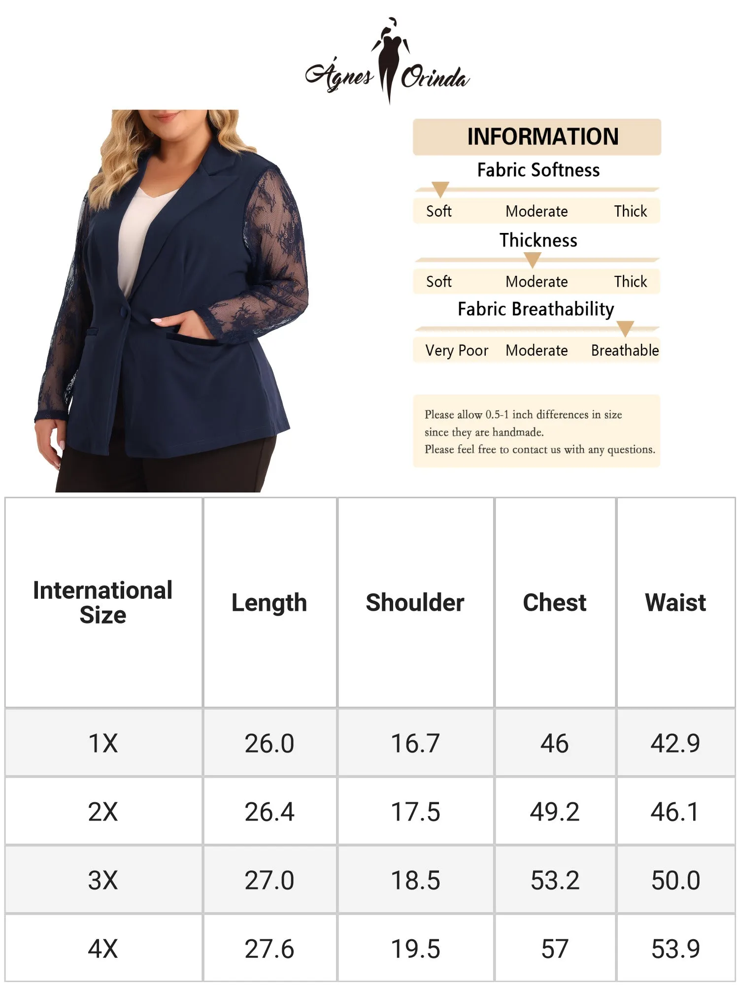 Plus Size Work Notch Lapel Lace Front Blazer Jackets