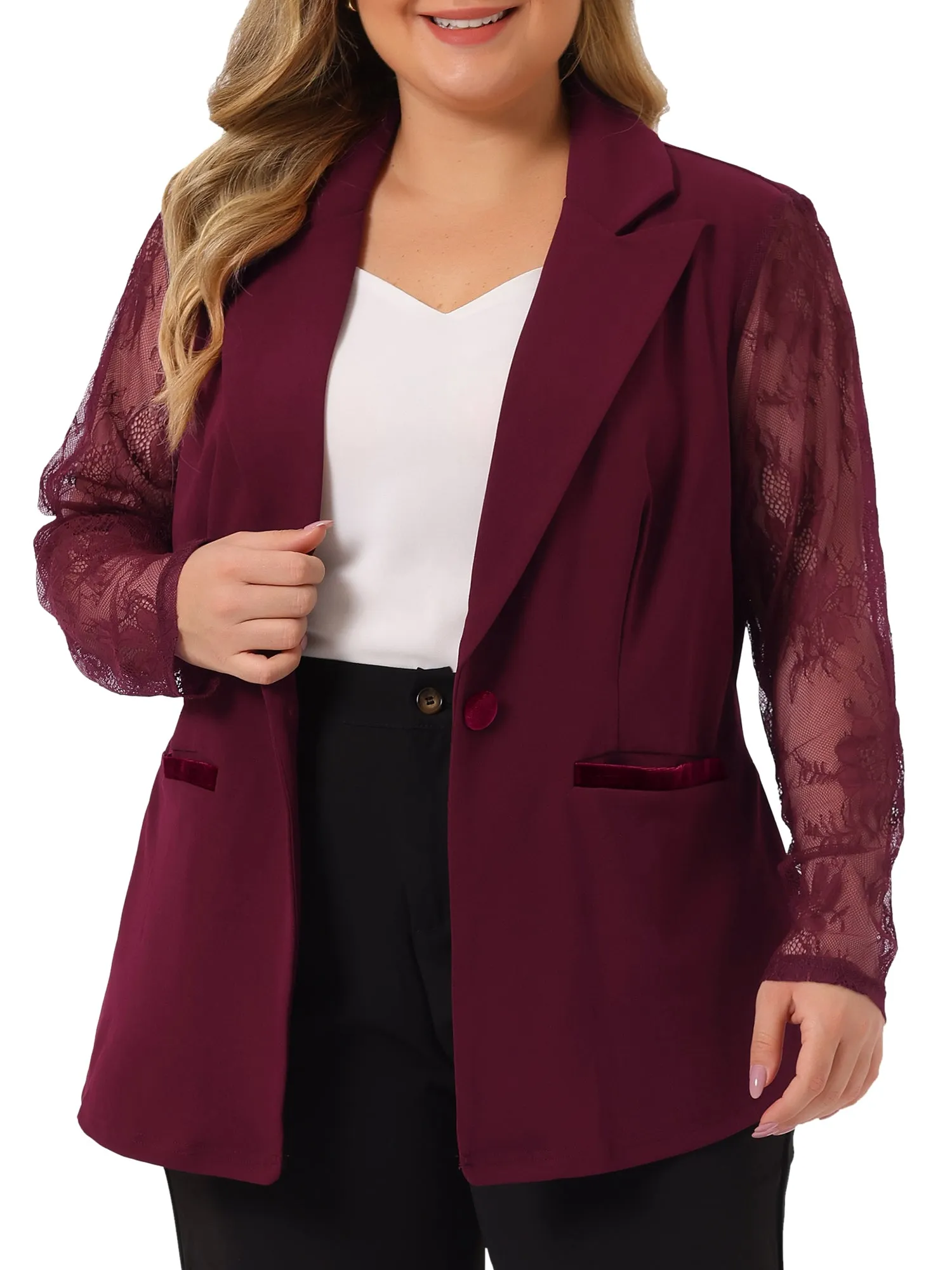 Plus Size Work Notch Lapel Lace Front Blazer Jackets