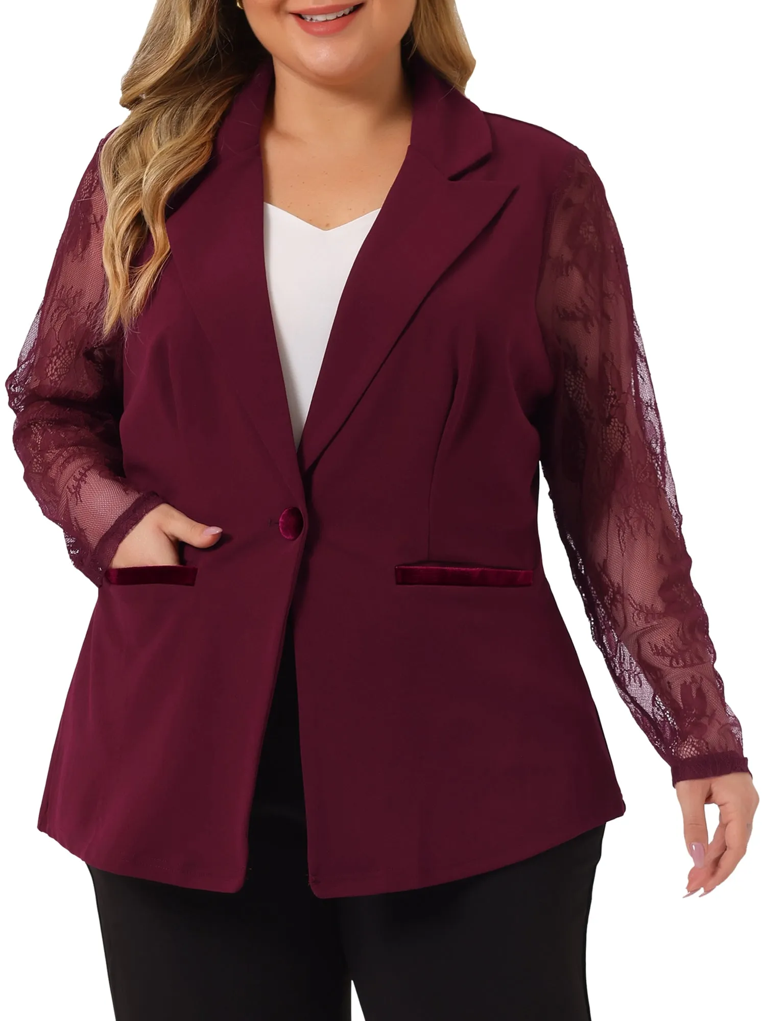 Plus Size Work Notch Lapel Lace Front Blazer Jackets