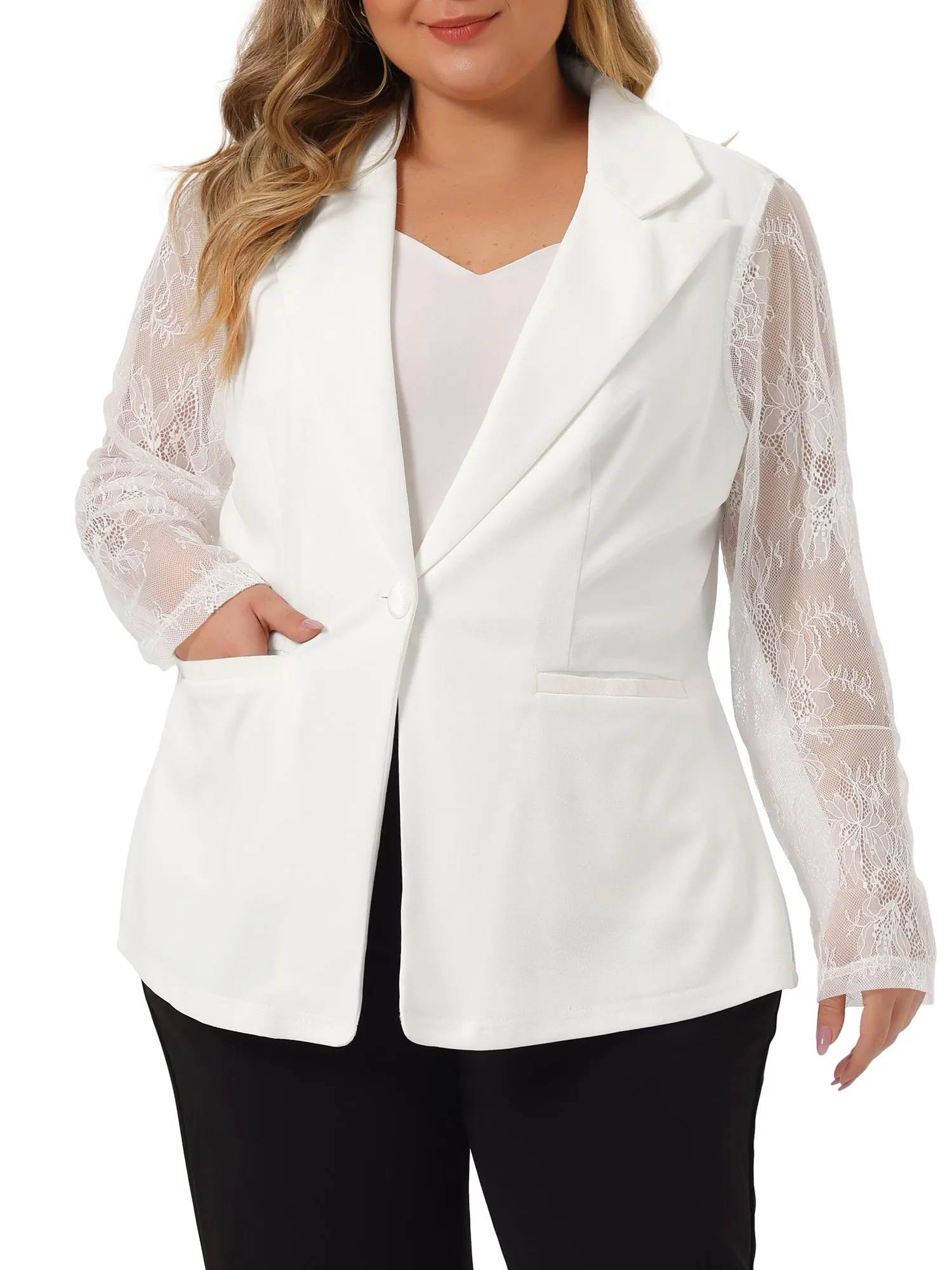 Plus Size Work Notch Lapel Lace Front Blazer Jackets