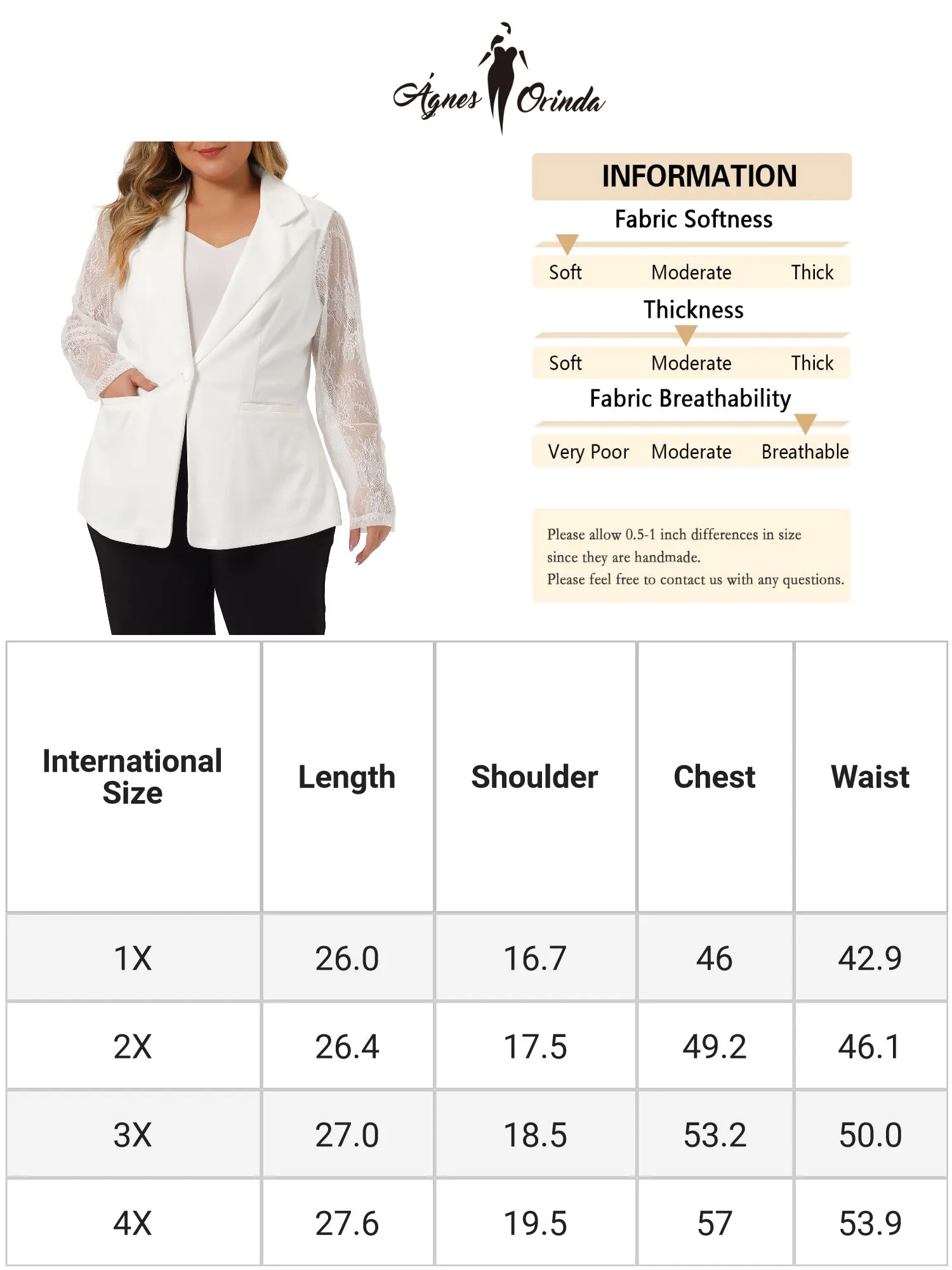 Plus Size Work Notch Lapel Lace Front Blazer Jackets