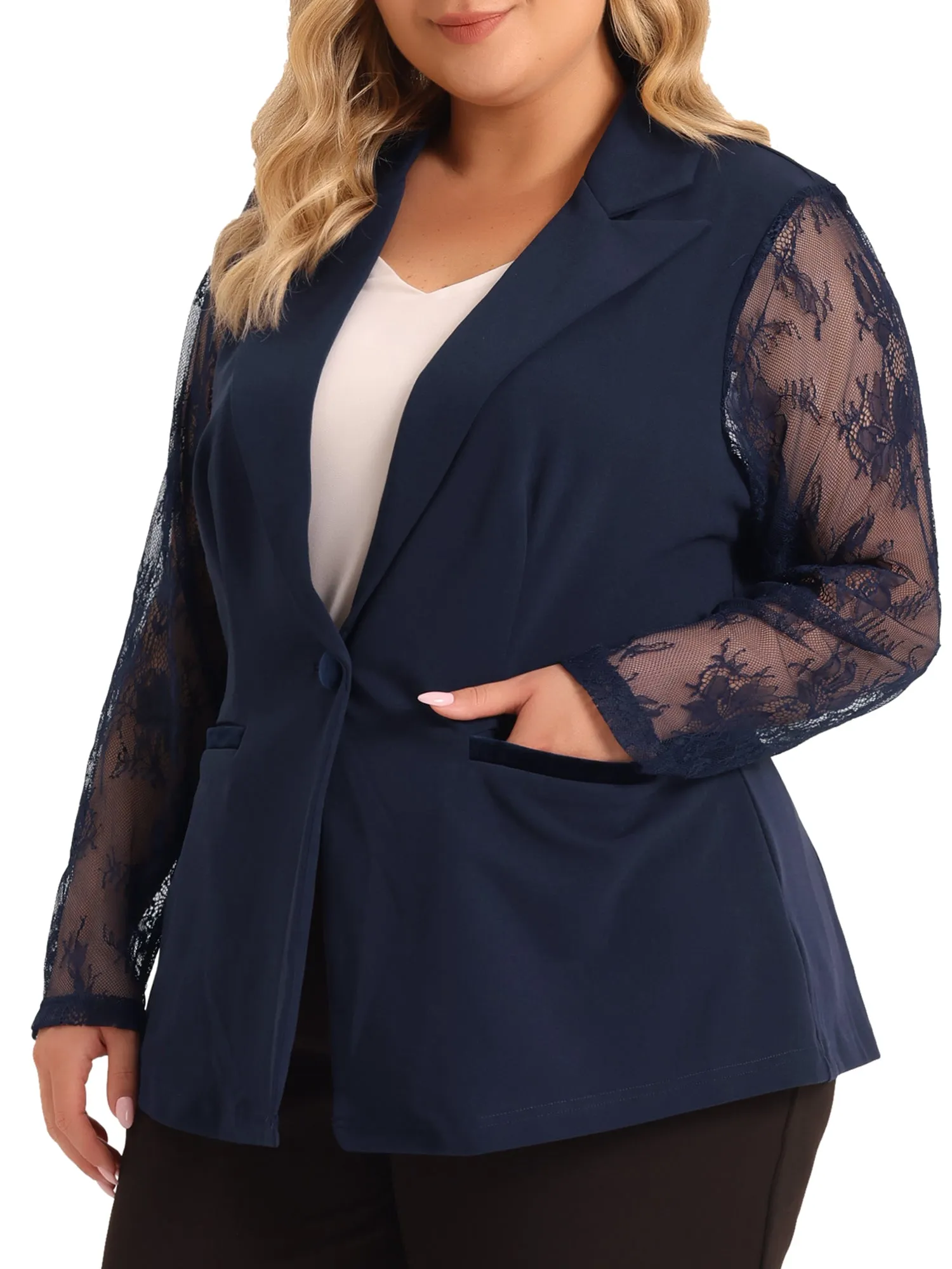 Plus Size Work Notch Lapel Lace Front Blazer Jackets