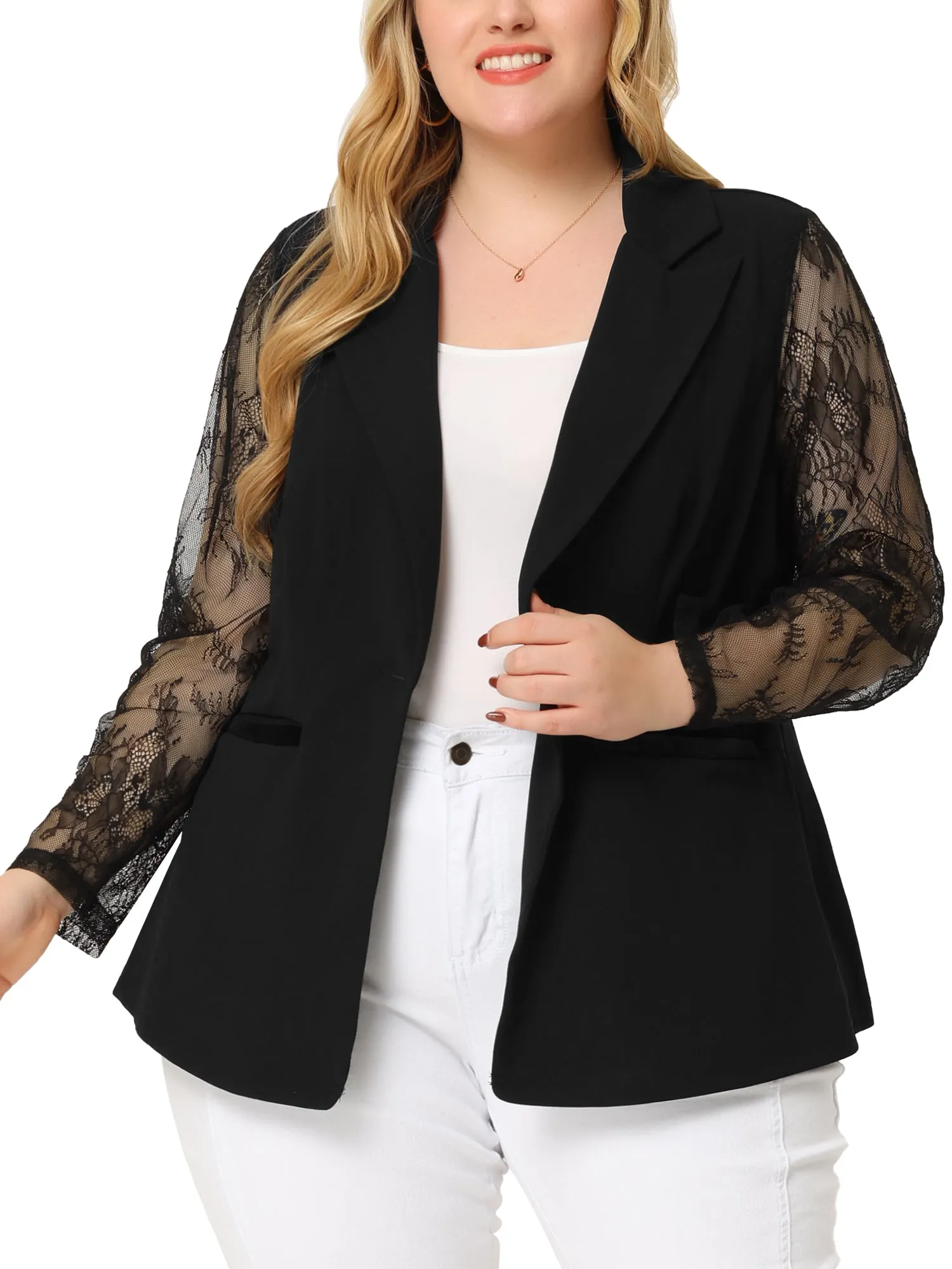 Plus Size Work Notch Lapel Lace Front Blazer Jackets