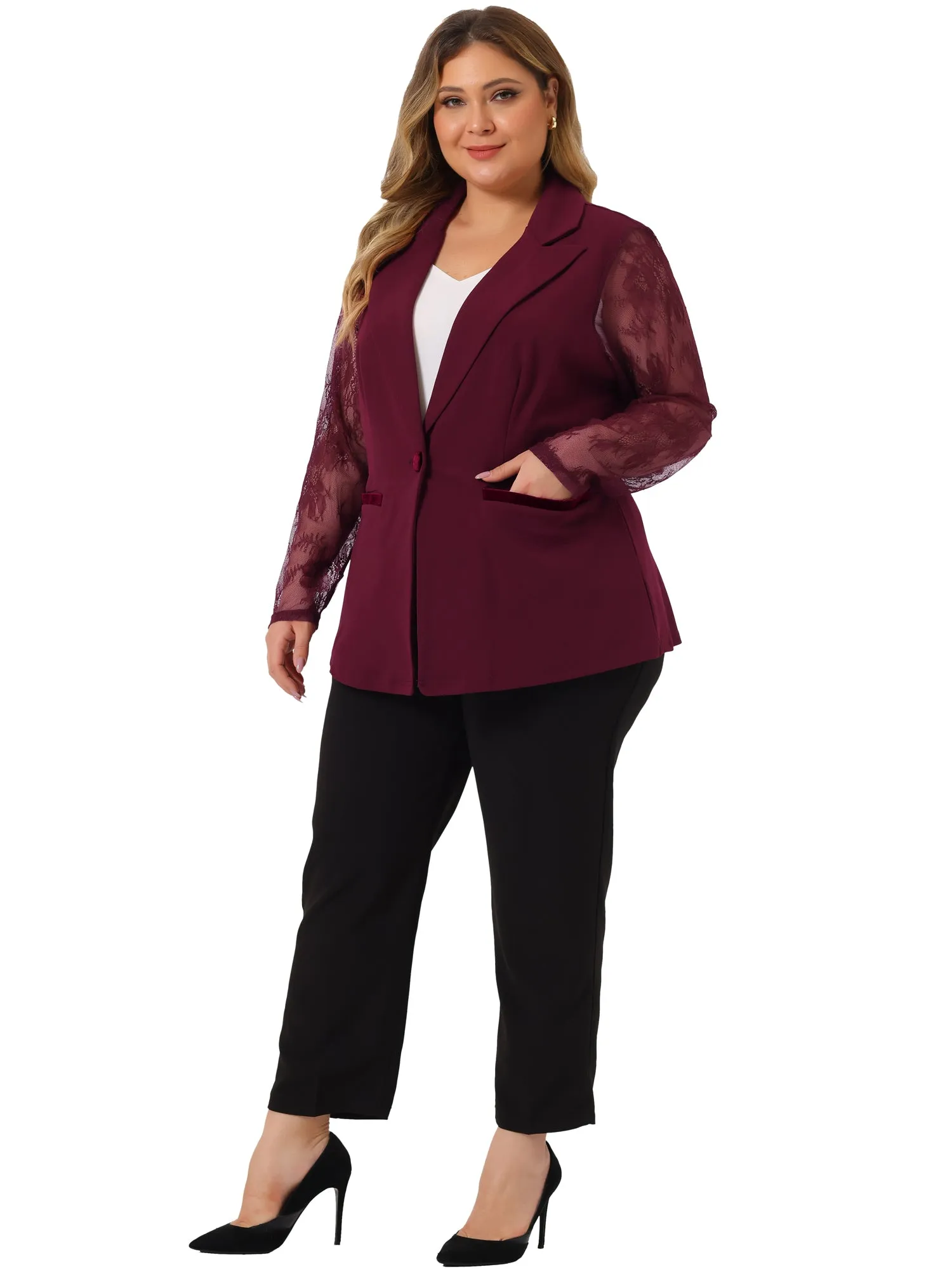 Plus Size Work Notch Lapel Lace Front Blazer Jackets