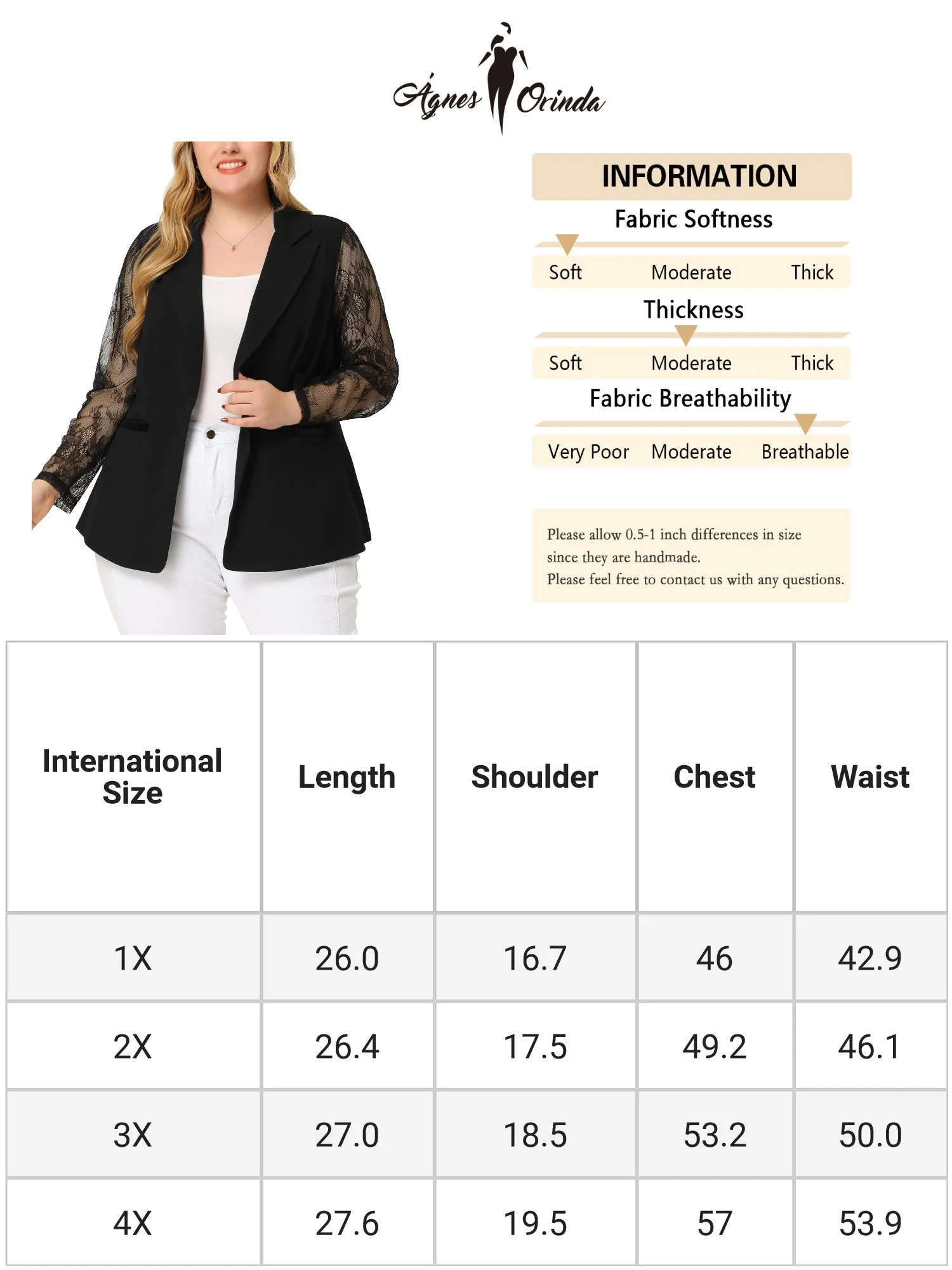 Plus Size Work Notch Lapel Lace Front Blazer Jackets