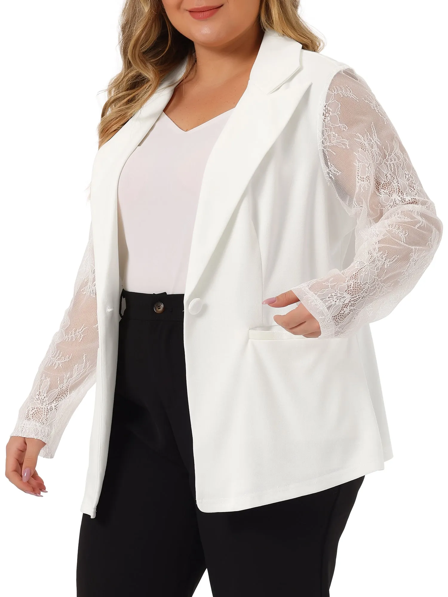Plus Size Work Notch Lapel Lace Front Blazer Jackets