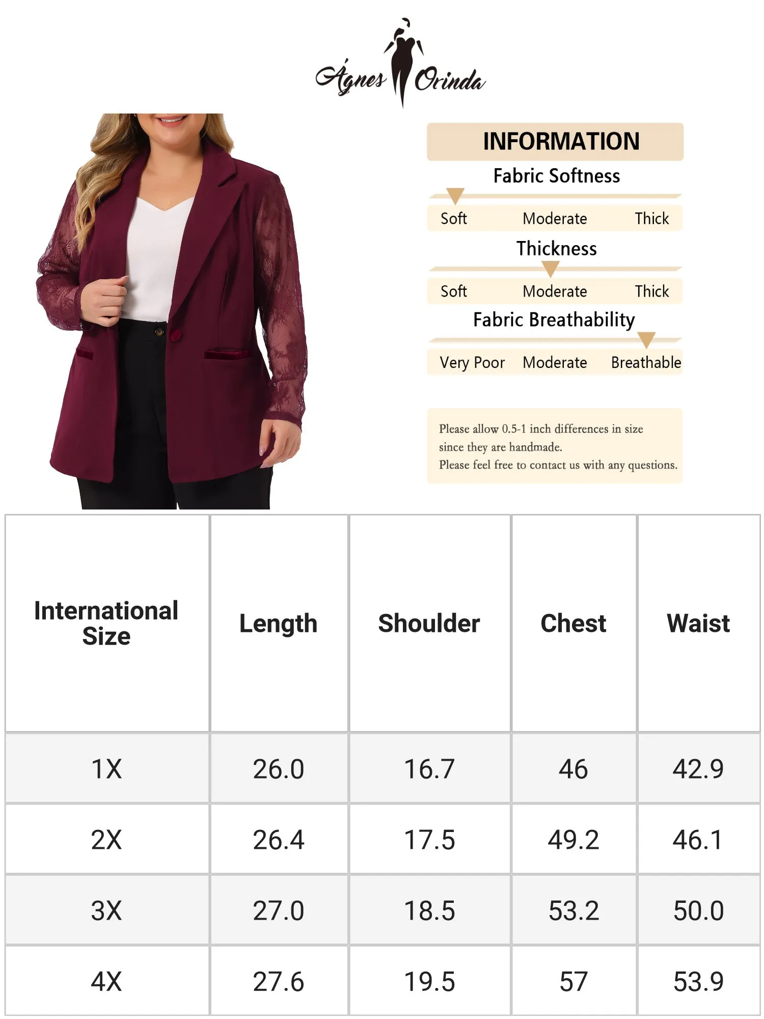 Plus Size Work Notch Lapel Lace Front Blazer Jackets