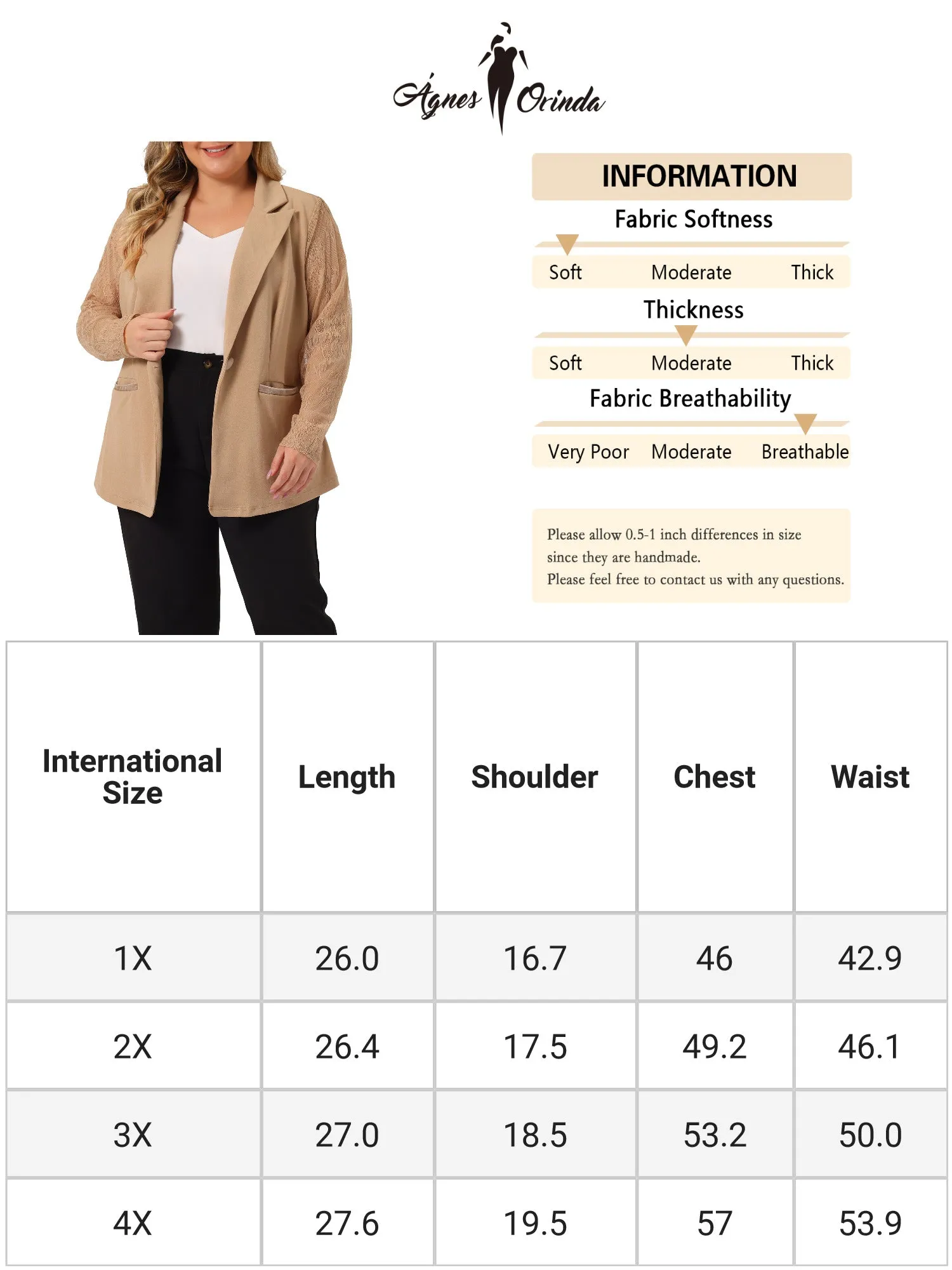 Plus Size Work Notch Lapel Lace Front Blazer Jackets