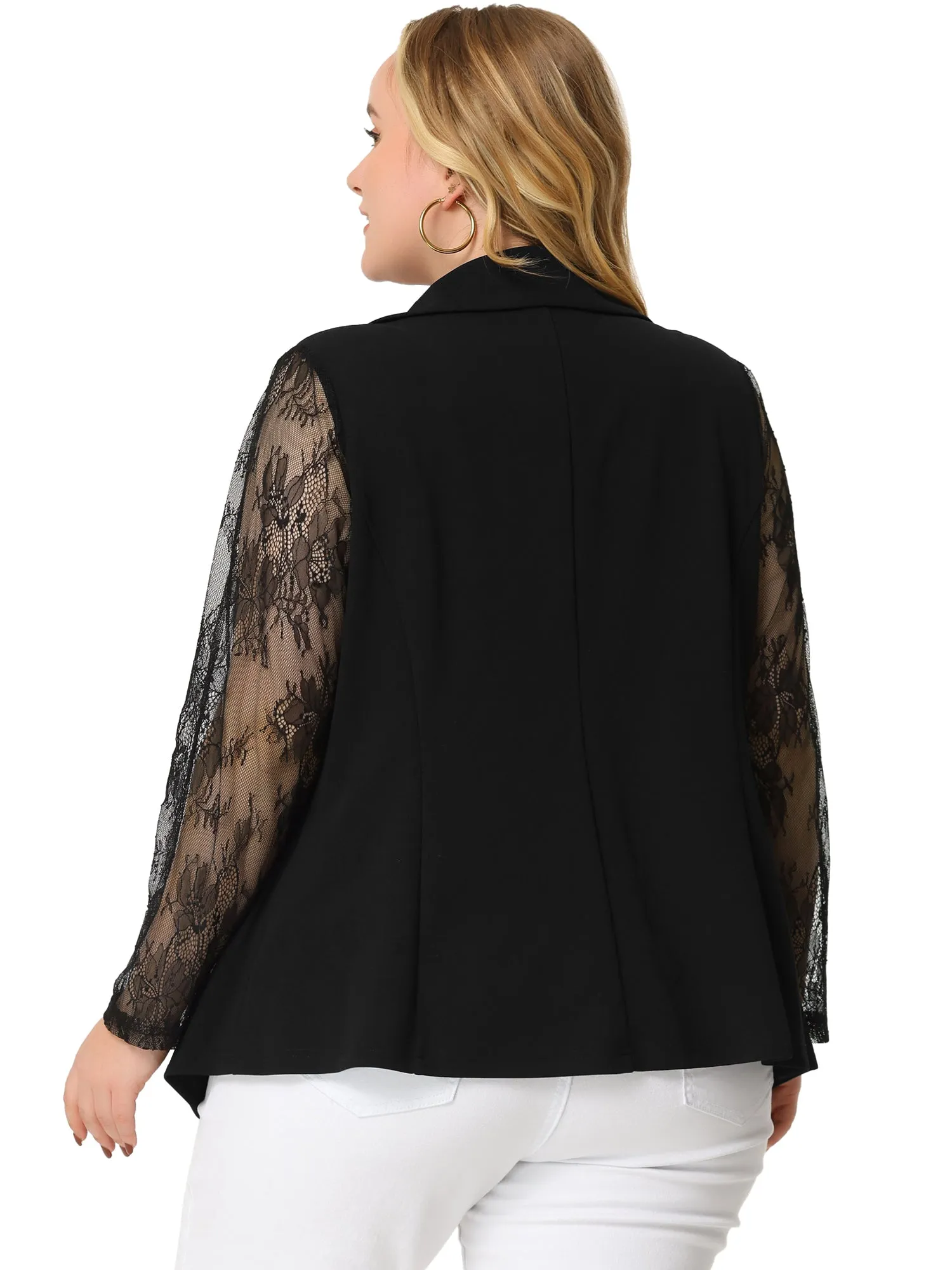 Plus Size Work Notch Lapel Lace Front Blazer Jackets