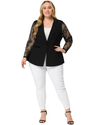 Plus Size Work Notch Lapel Lace Front Blazer Jackets