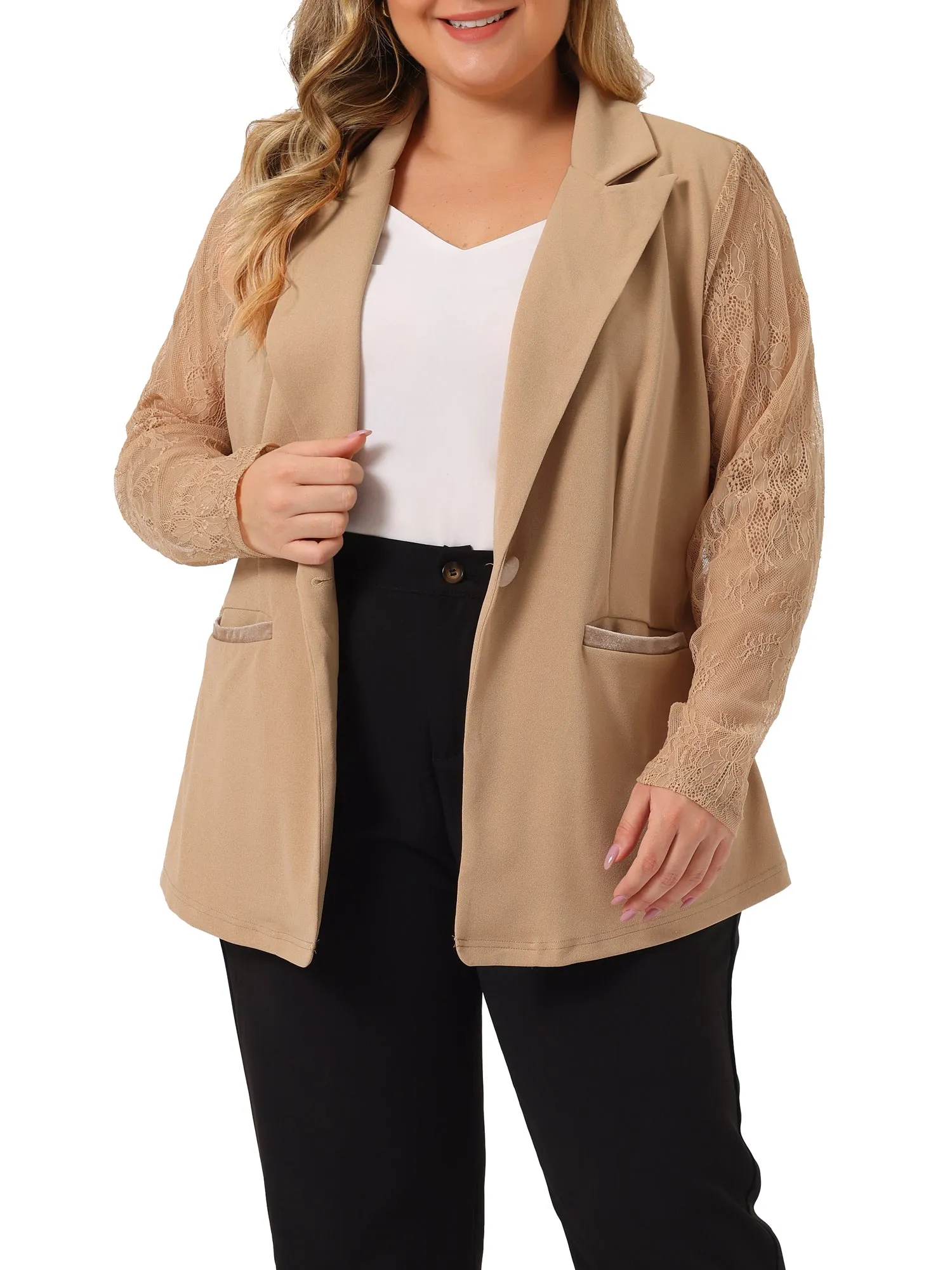 Plus Size Work Notch Lapel Lace Front Blazer Jackets