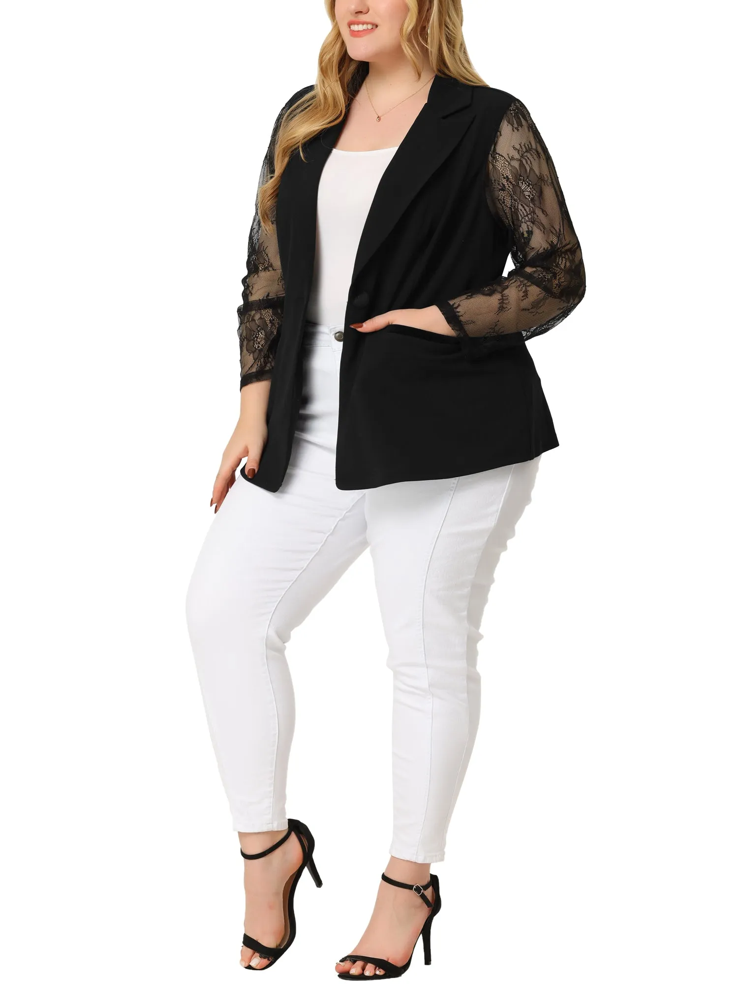 Plus Size Work Notch Lapel Lace Front Blazer Jackets