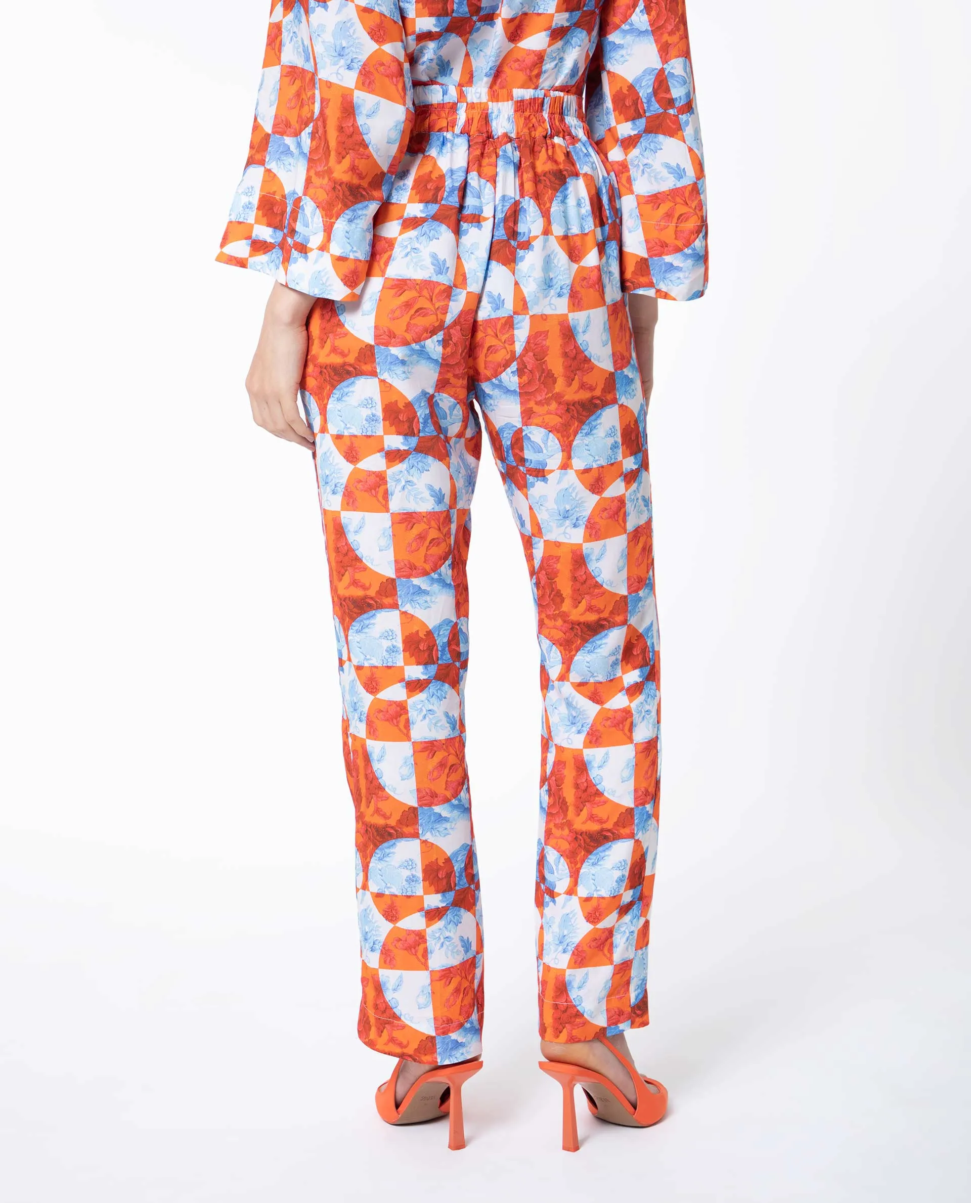 Rareism Women Gray Orange Viscose Fabric Drawstring Closure Regular Fit Floral Print Ankle Length Trousers