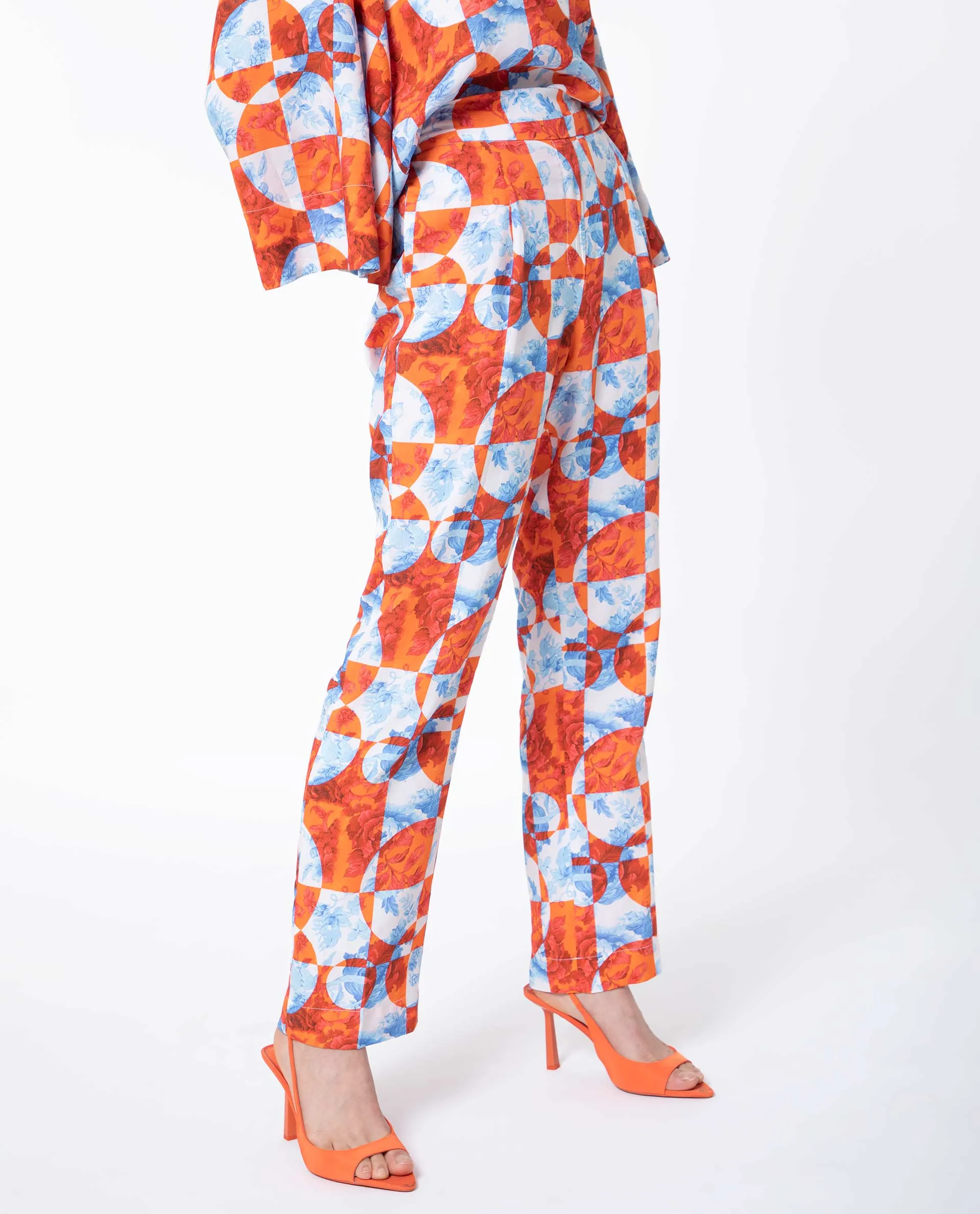 Rareism Women Gray Orange Viscose Fabric Drawstring Closure Regular Fit Floral Print Ankle Length Trousers