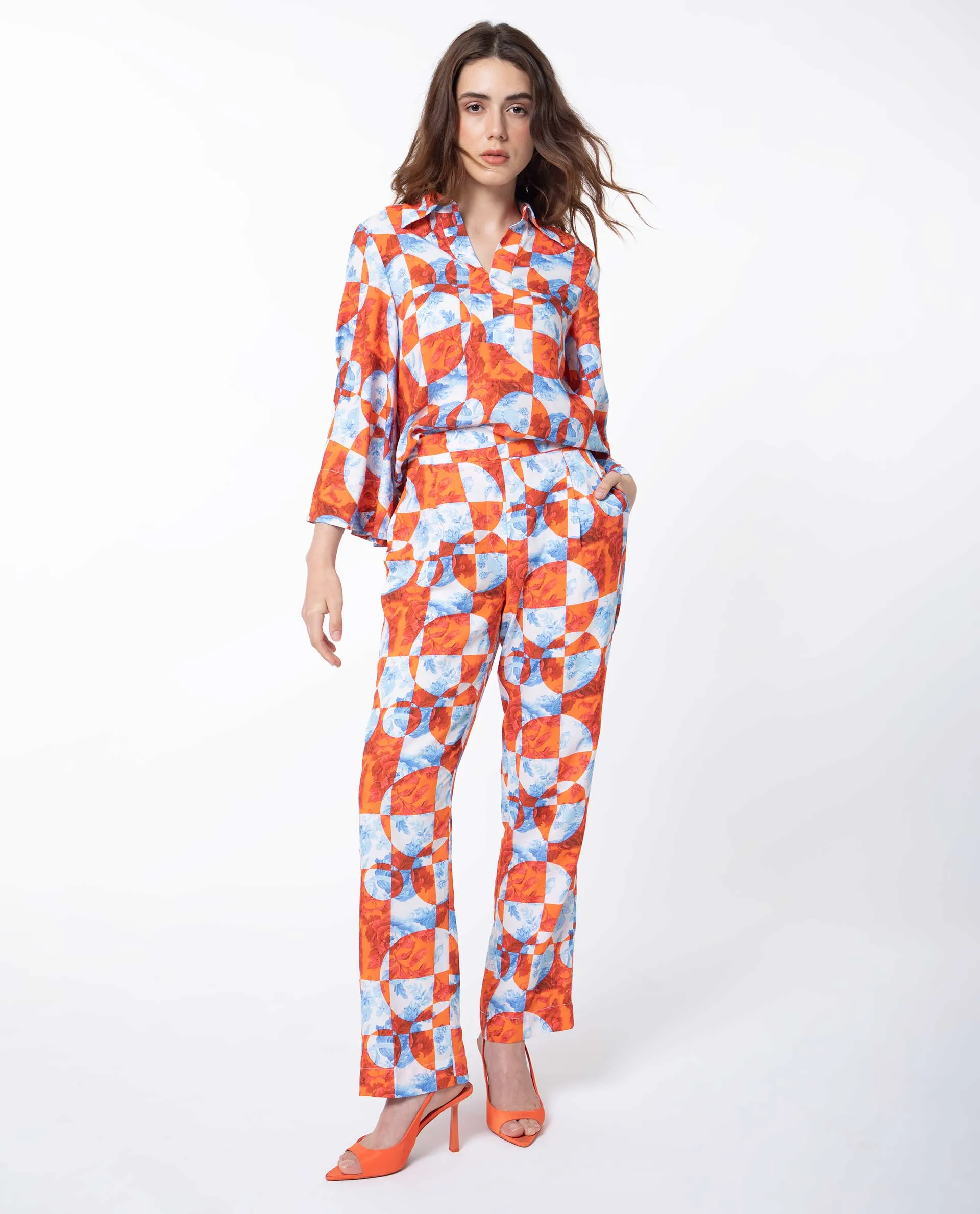 Rareism Women Gray Orange Viscose Fabric Drawstring Closure Regular Fit Floral Print Ankle Length Trousers