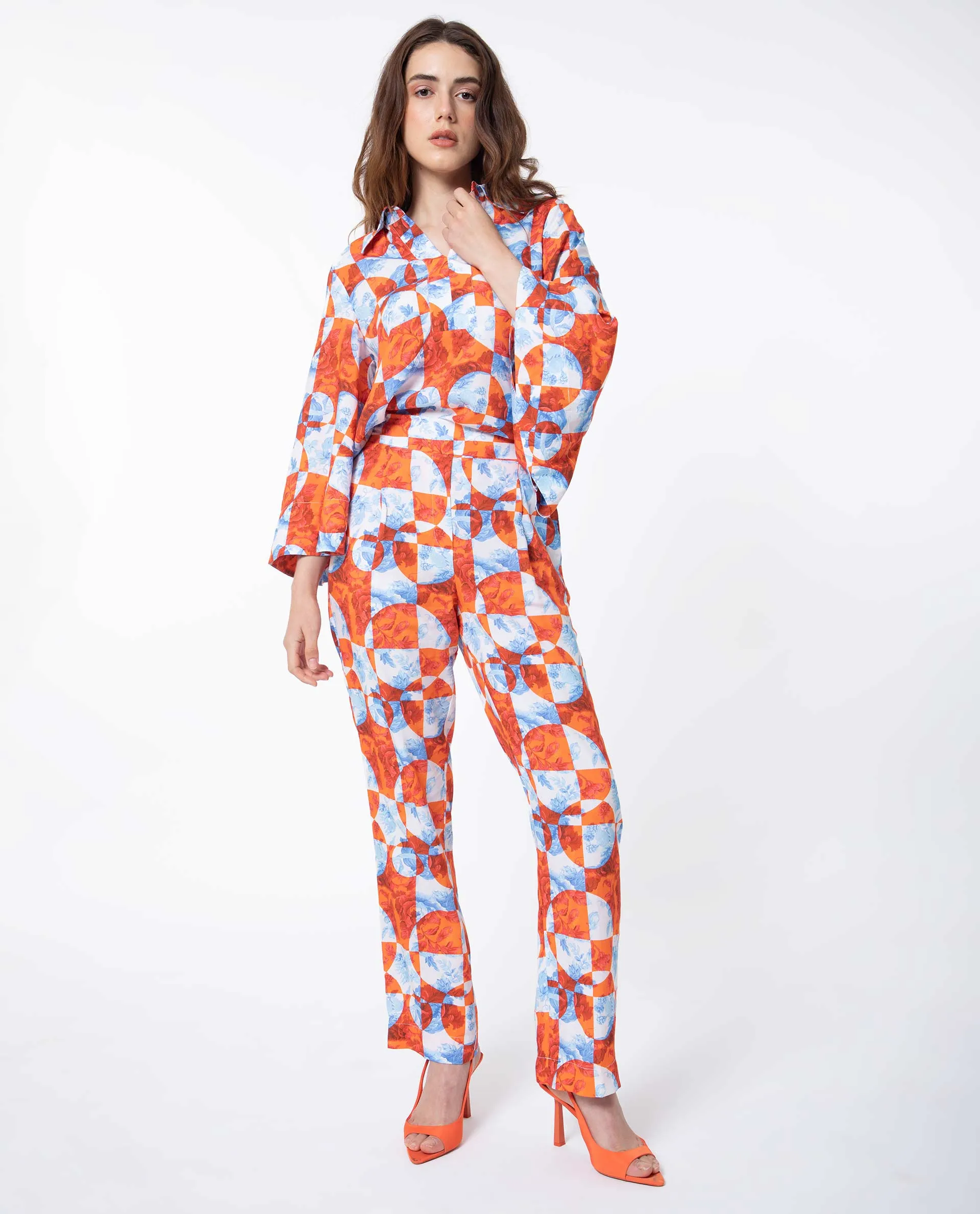 Rareism Women Gray Orange Viscose Fabric Drawstring Closure Regular Fit Floral Print Ankle Length Trousers