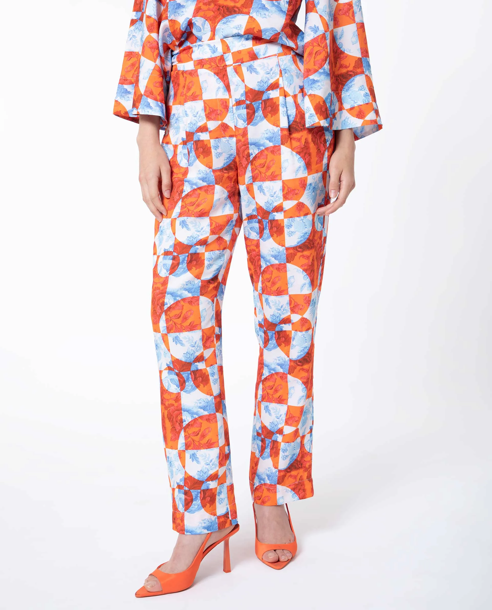 Rareism Women Gray Orange Viscose Fabric Drawstring Closure Regular Fit Floral Print Ankle Length Trousers