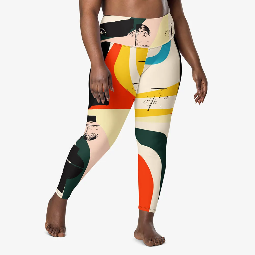 Recycled Printed Leggings "Stripe Art" Black/Red/Yellow with Pockets