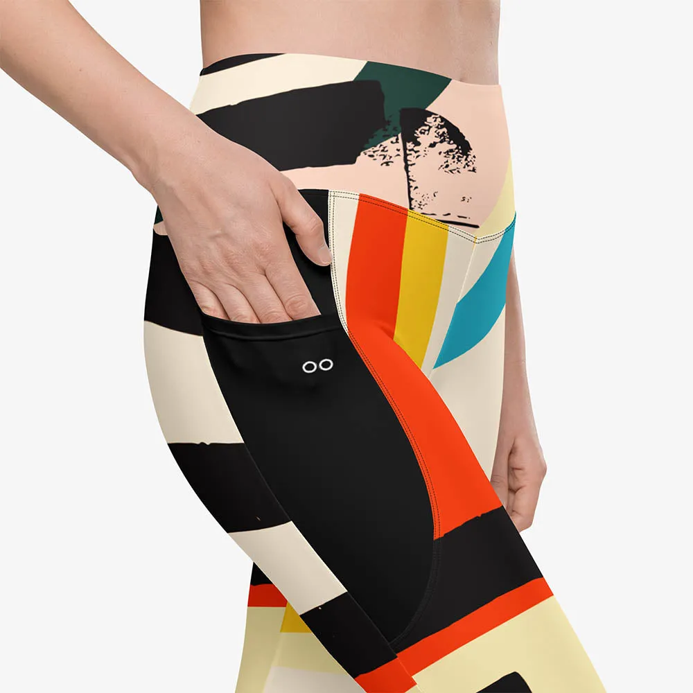 Recycled Printed Leggings "Stripe Art" Black/Red/Yellow with Pockets