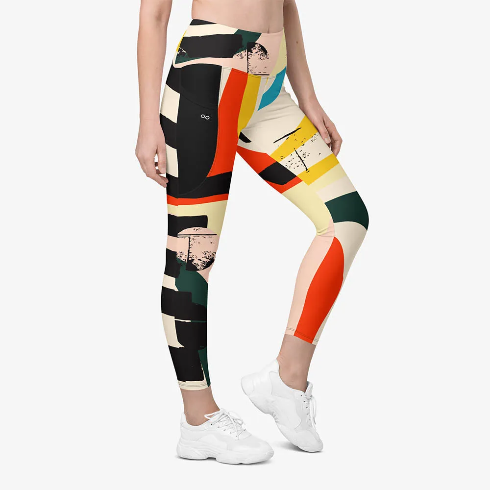 Recycled Printed Leggings "Stripe Art" Black/Red/Yellow with Pockets