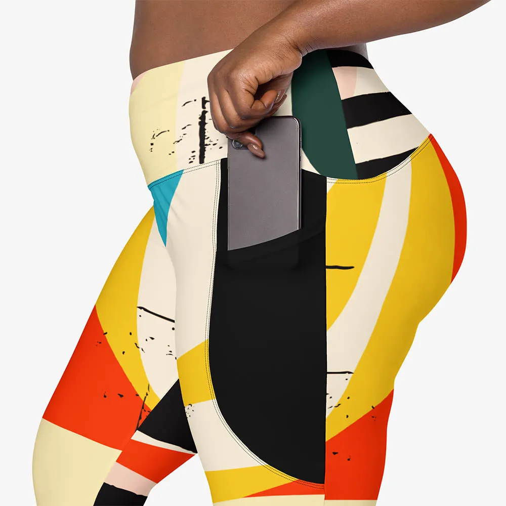 Recycled Printed Leggings "Stripe Art" Black/Red/Yellow with Pockets
