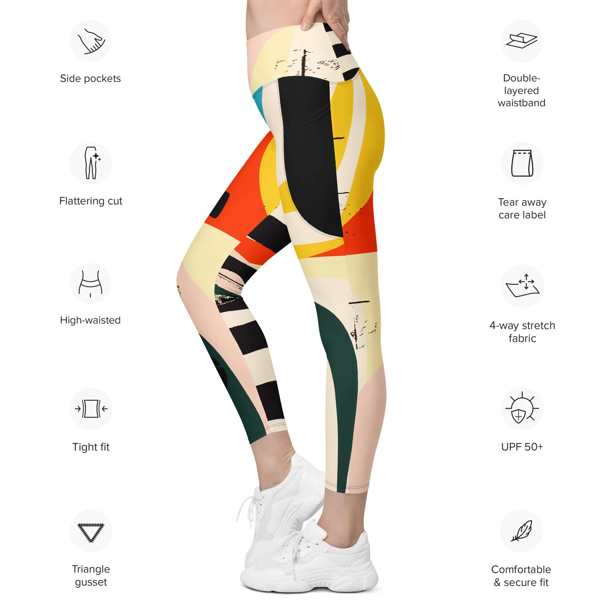 Recycled Printed Leggings "Stripe Art" Black/Red/Yellow with Pockets