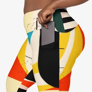 Recycled Printed Leggings "Stripe Art" Black/Red/Yellow with Pockets