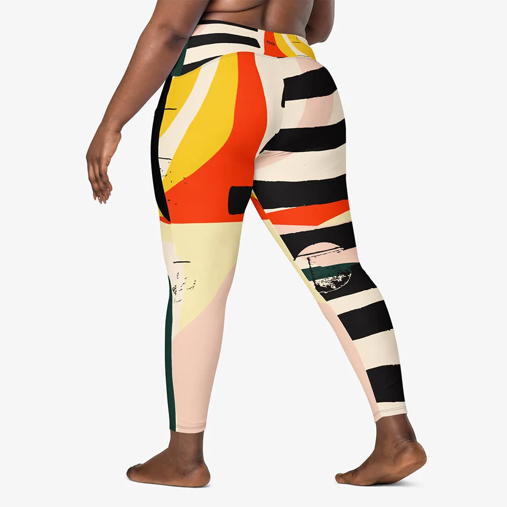 Recycled Printed Leggings "Stripe Art" Black/Red/Yellow with Pockets