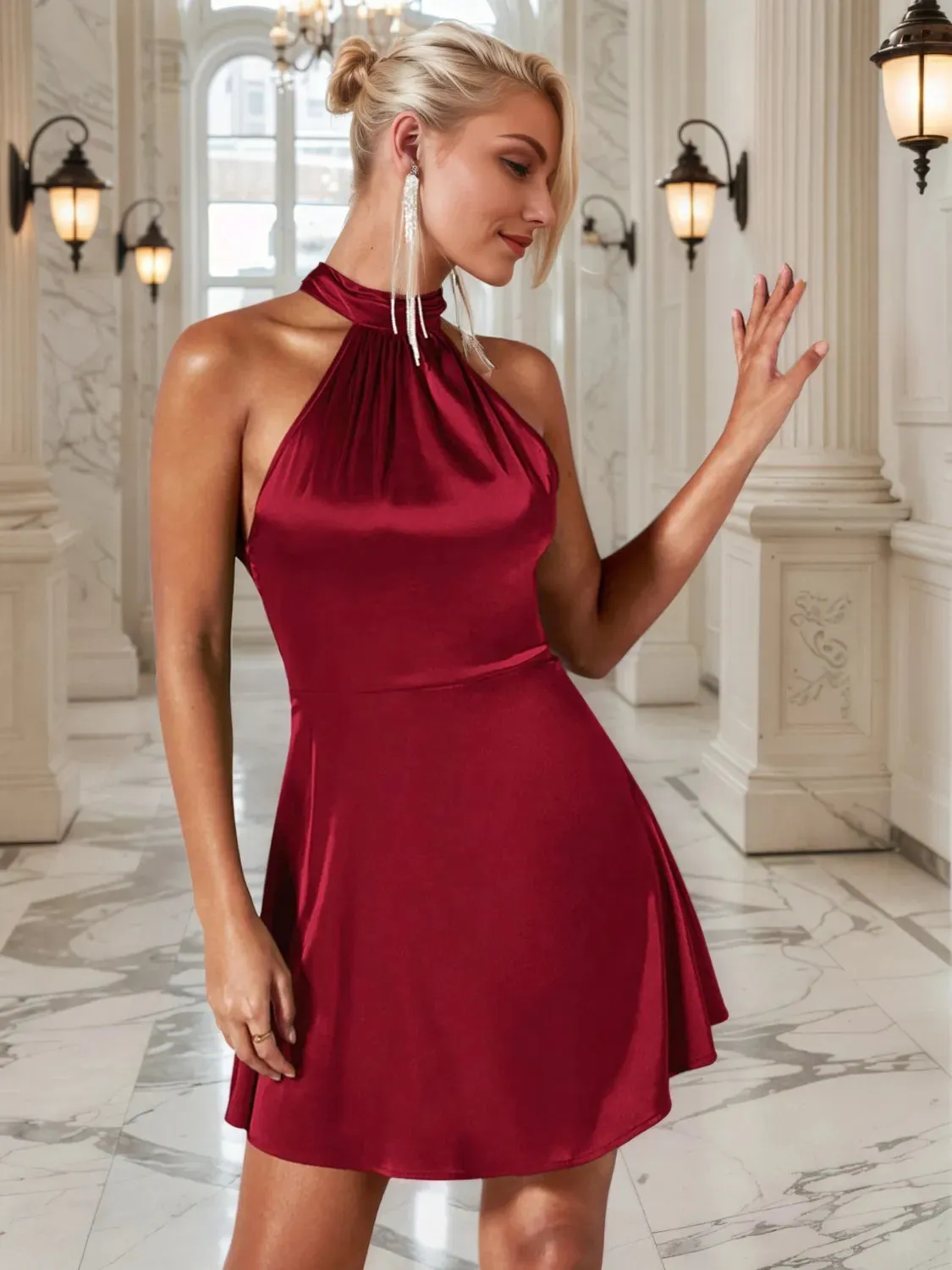 Ruched Grecian Neck Mini Dress