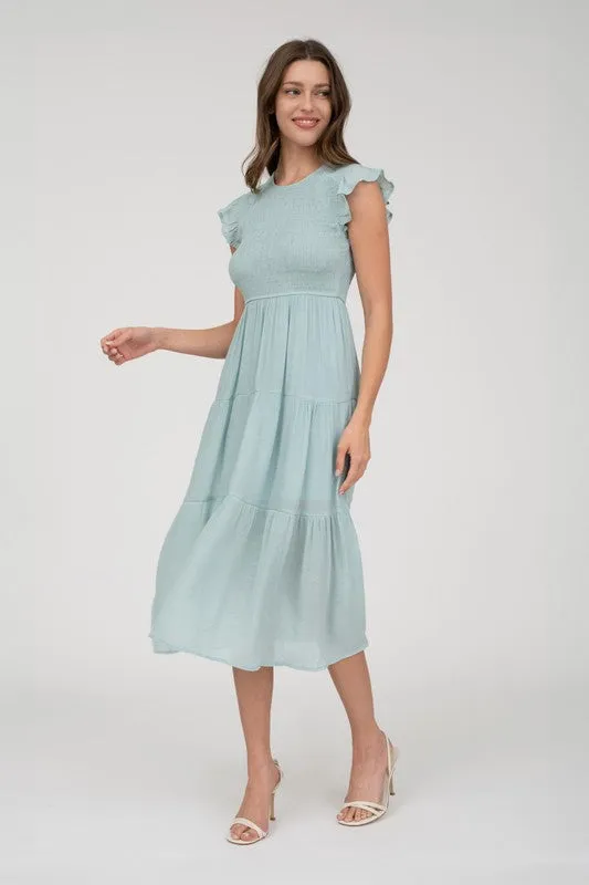 Ruffle sleeve smocked midi dress