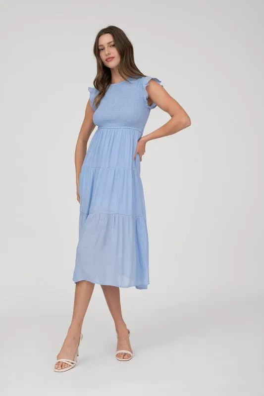 Ruffle sleeve smocked midi dress